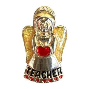 AAI Vintage Teacher Angel Pin Gold Tone Apple Crown Rhinestone Crystal Brooch